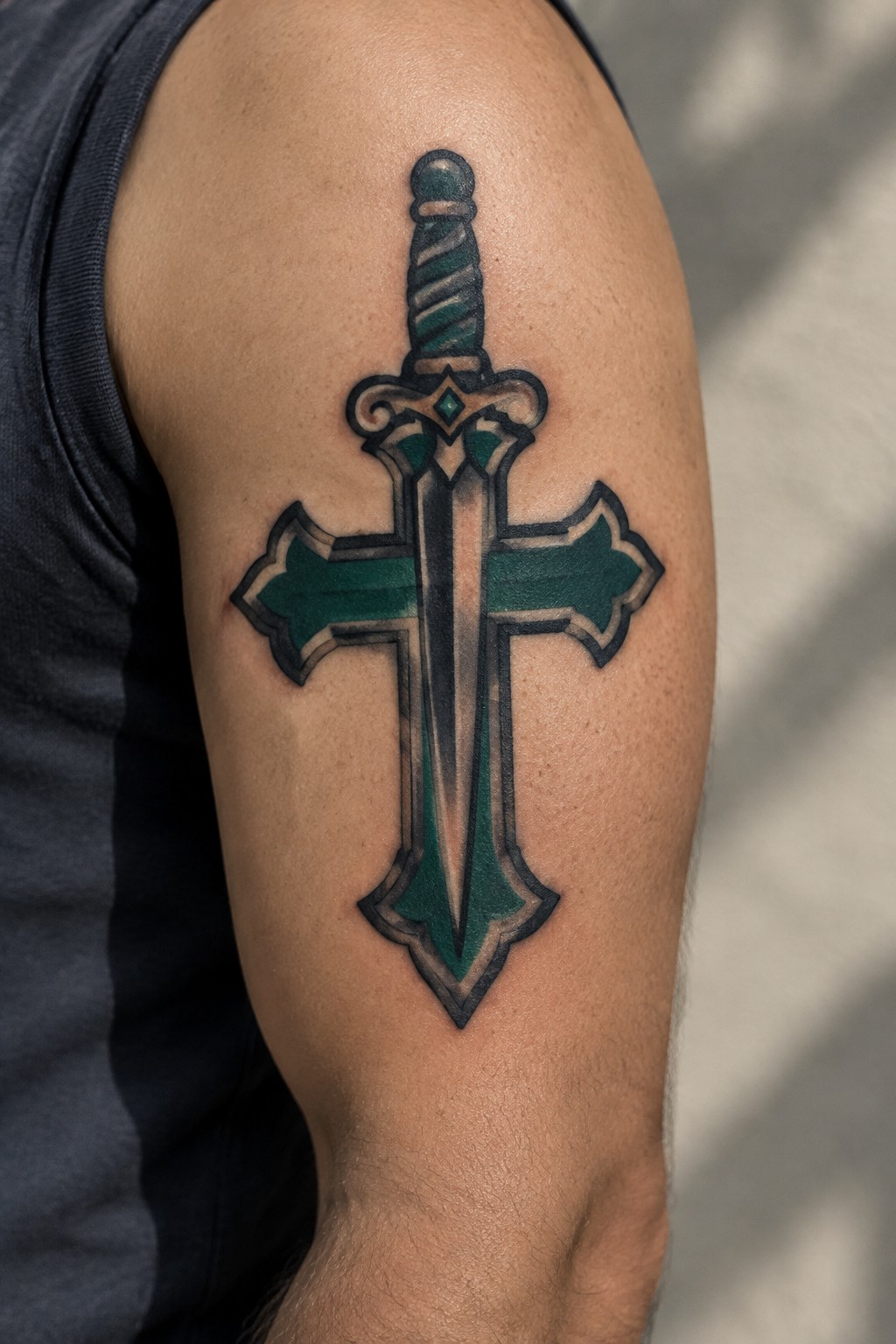 Green and black sword-cross tattoo on upper arm of person in tank top