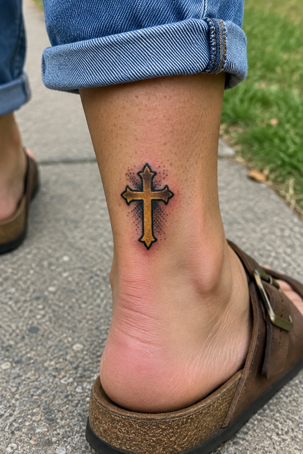 Small American traditional cross tattoo on the ankle with bold black outlines and brown fill, placed on the side above the foot.