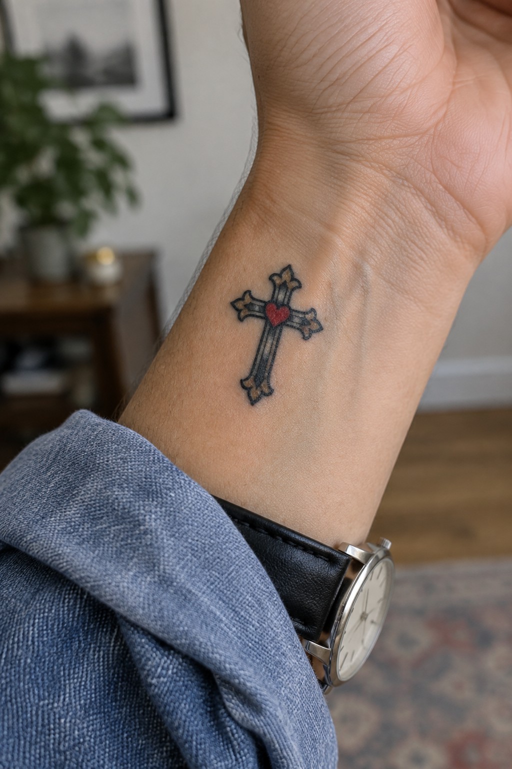 Cross tattoo with red heart on wrist over blue denim cuff and black watch strap