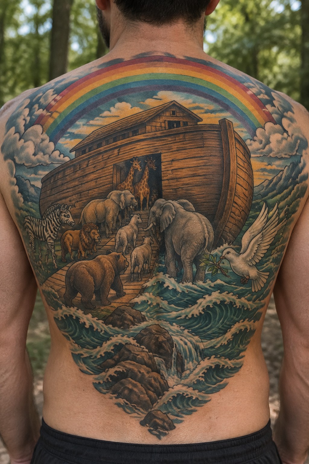Man's back tattoo of Noah's Ark with animals, rainbow, and stormy waves