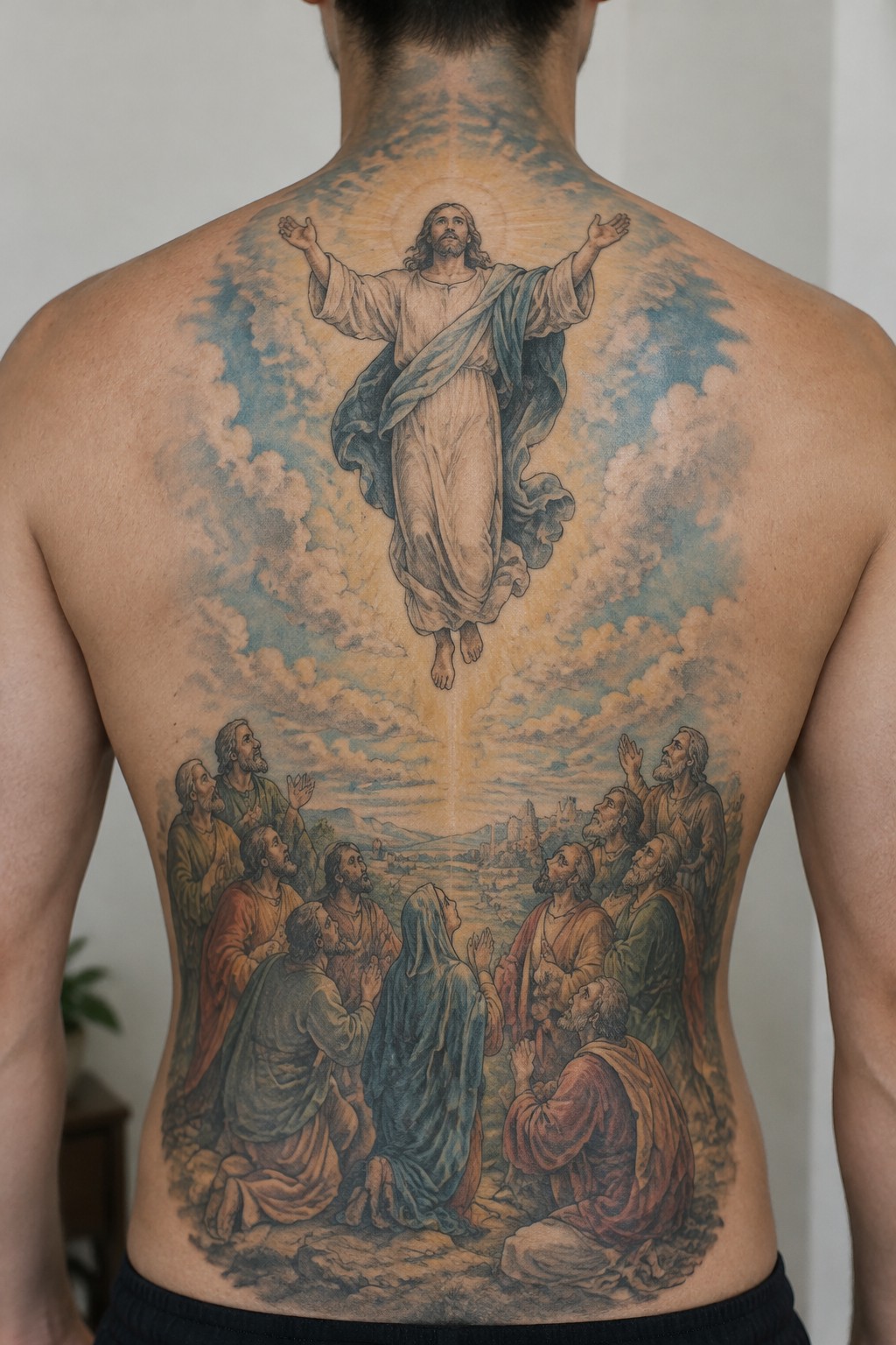 Colorful realistic tattoo of Jesus ascending in robes above praying apostles on man's back