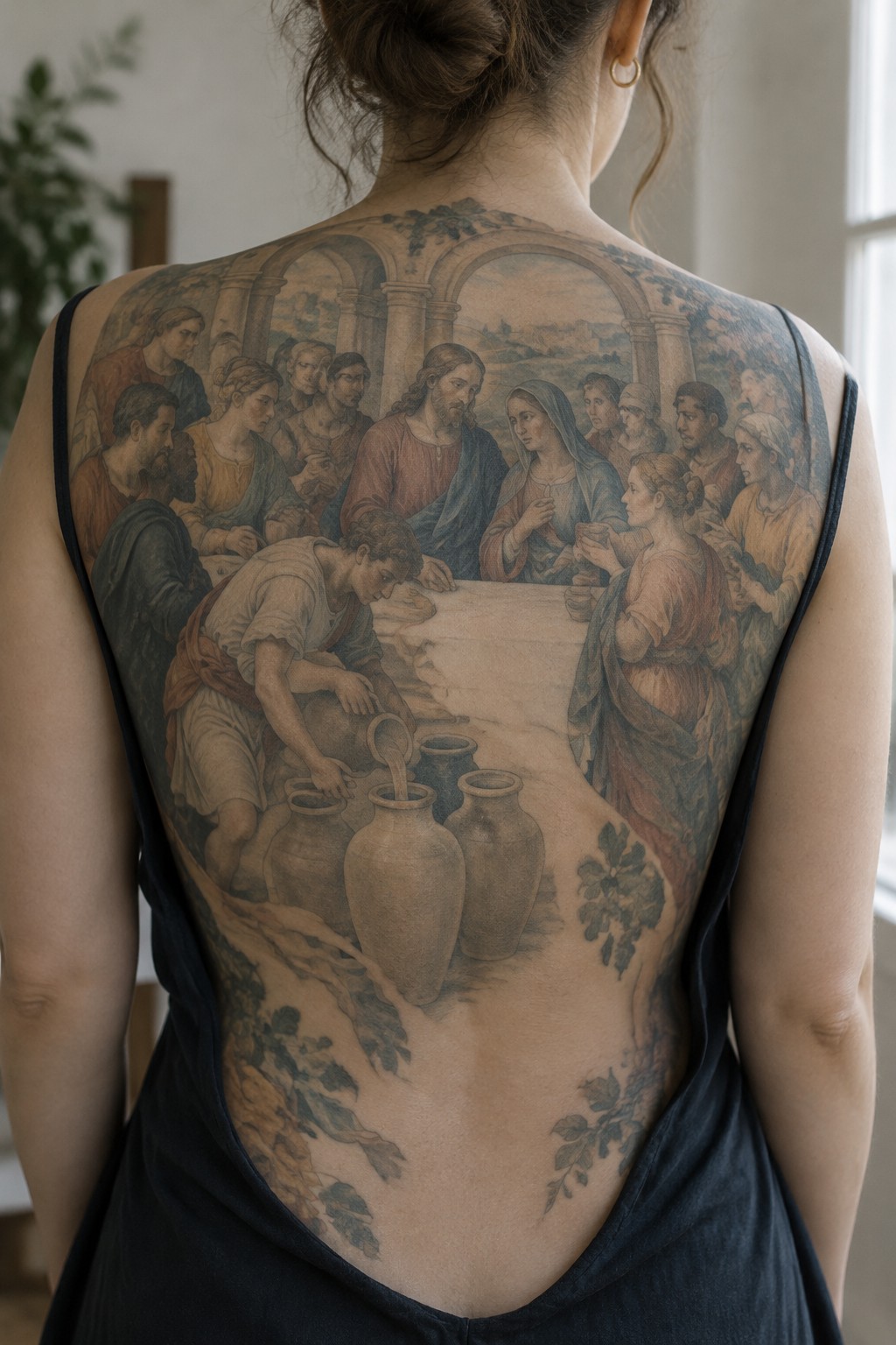Large grayscale back tattoo of the wedding at Cana showing Jesus with guests at a table and a servant pouring water into jars.