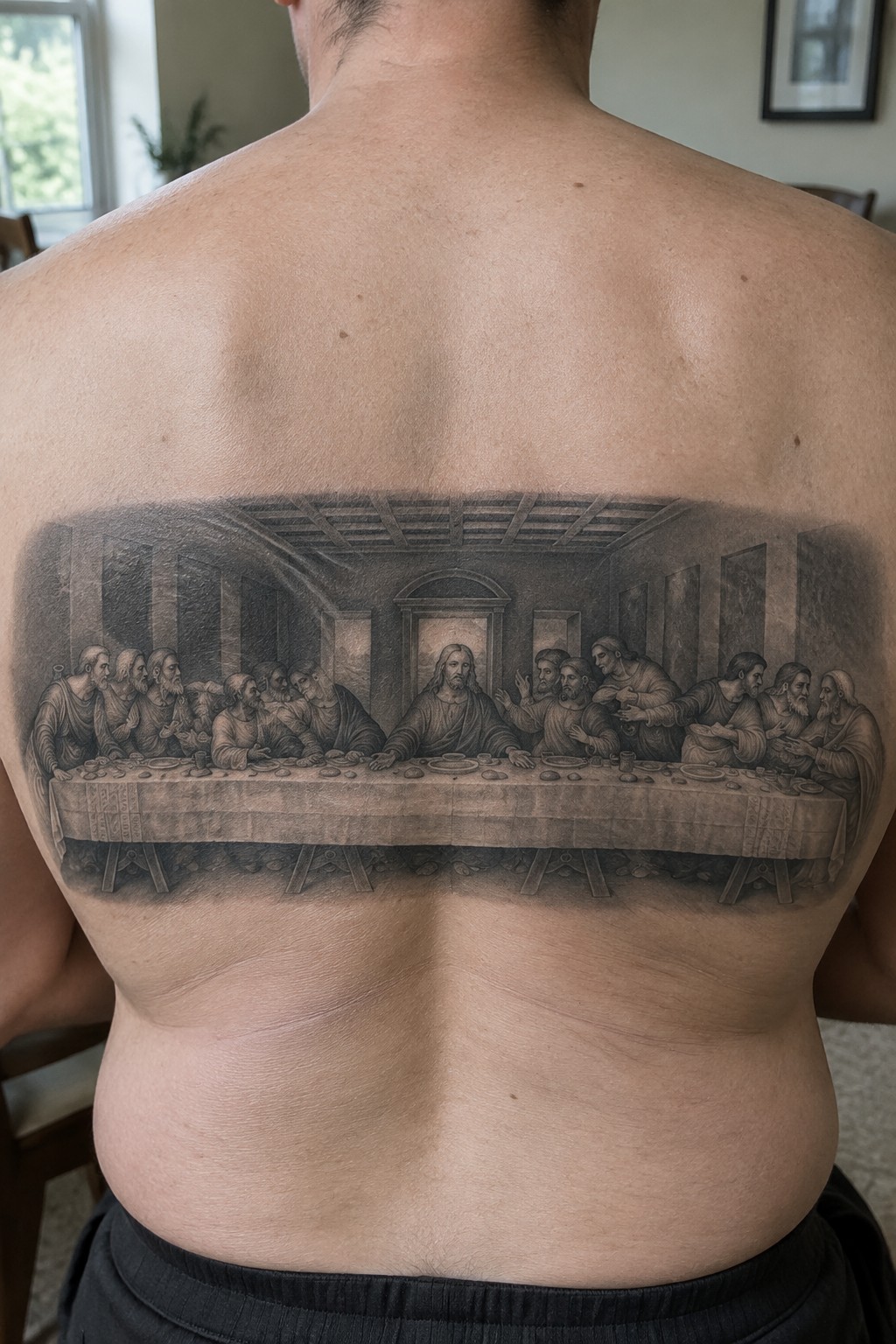 Grayscale tattoo of The Last Supper across a man's bare back