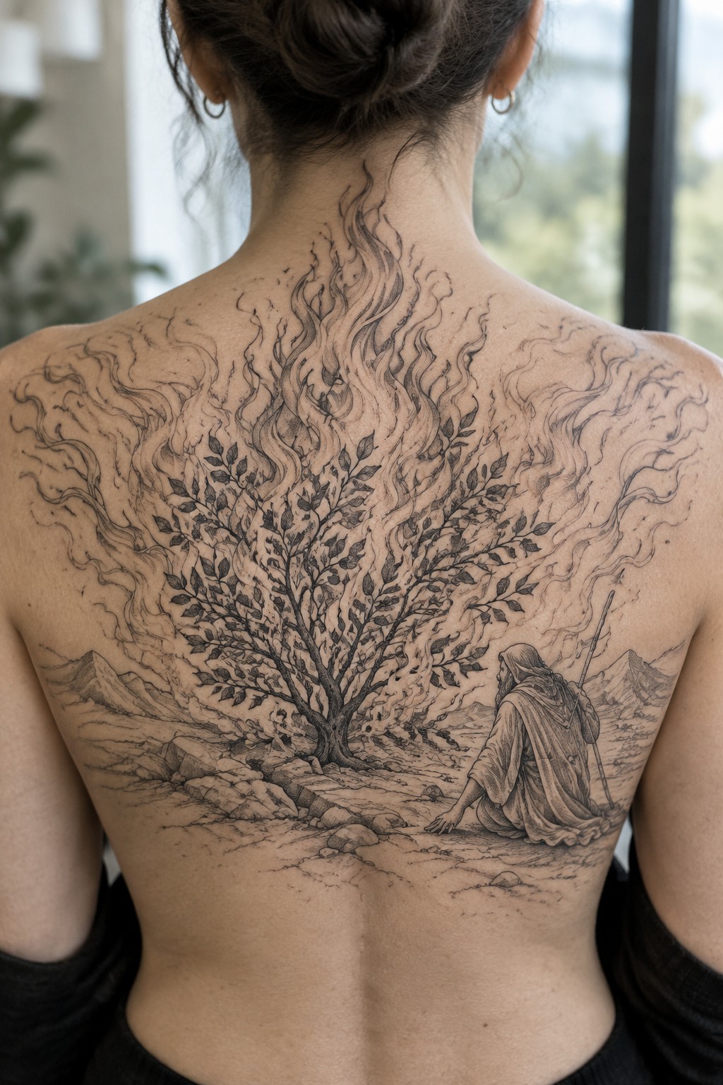 Large black and grey tattoo on a person's back showing Moses seated before a burning bush in a rocky landscape with swirling flames above.
