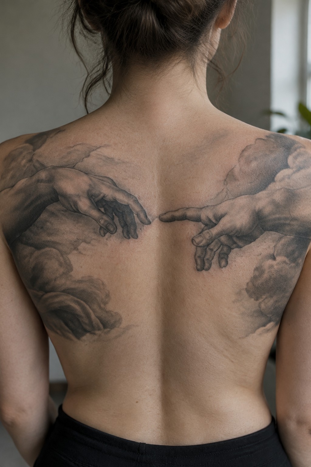 Bare back with black-and-gray tattoo of two hands nearly touching amid clouds