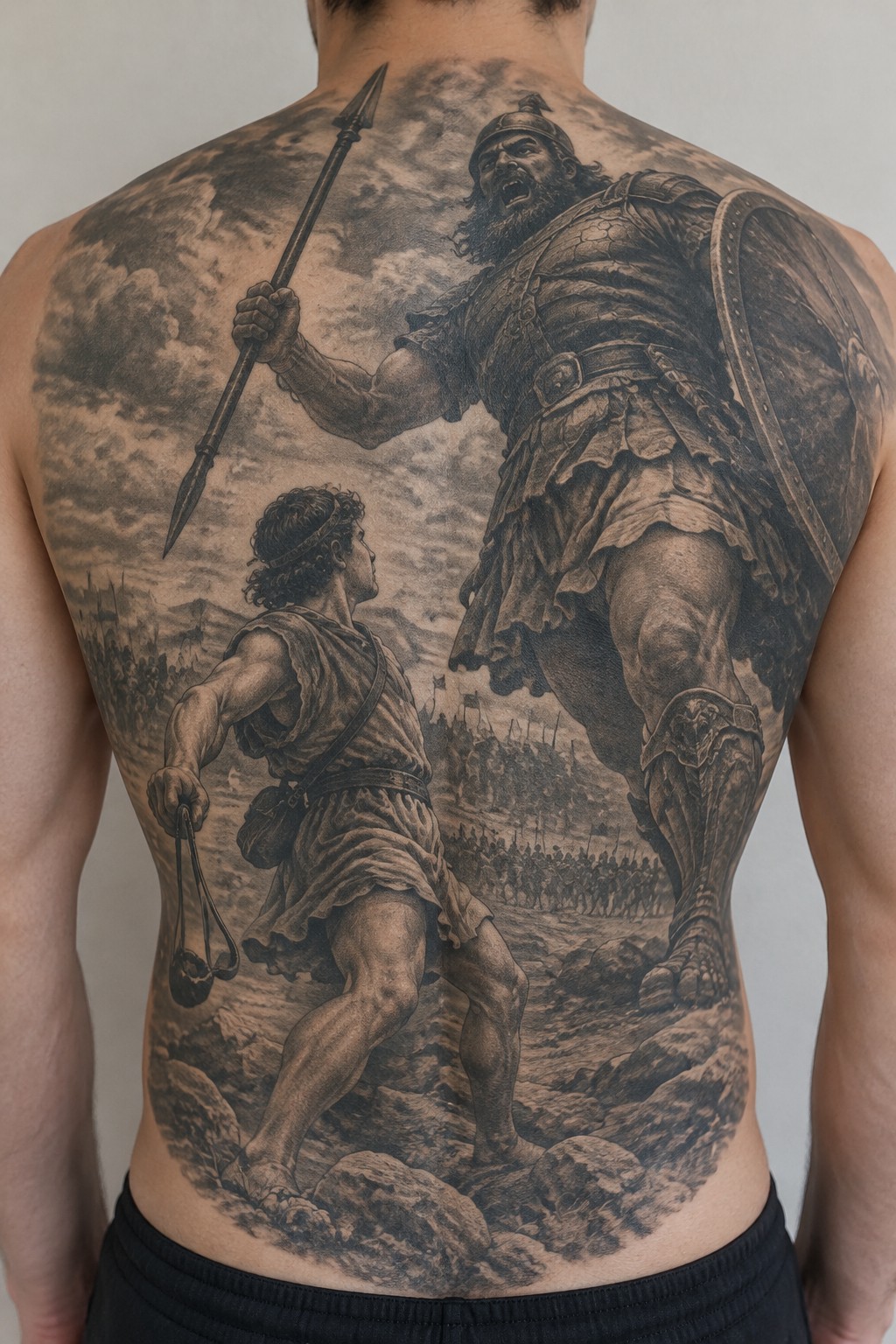 Large grayscale back tattoo of David confronting armored Goliath on battlefield
