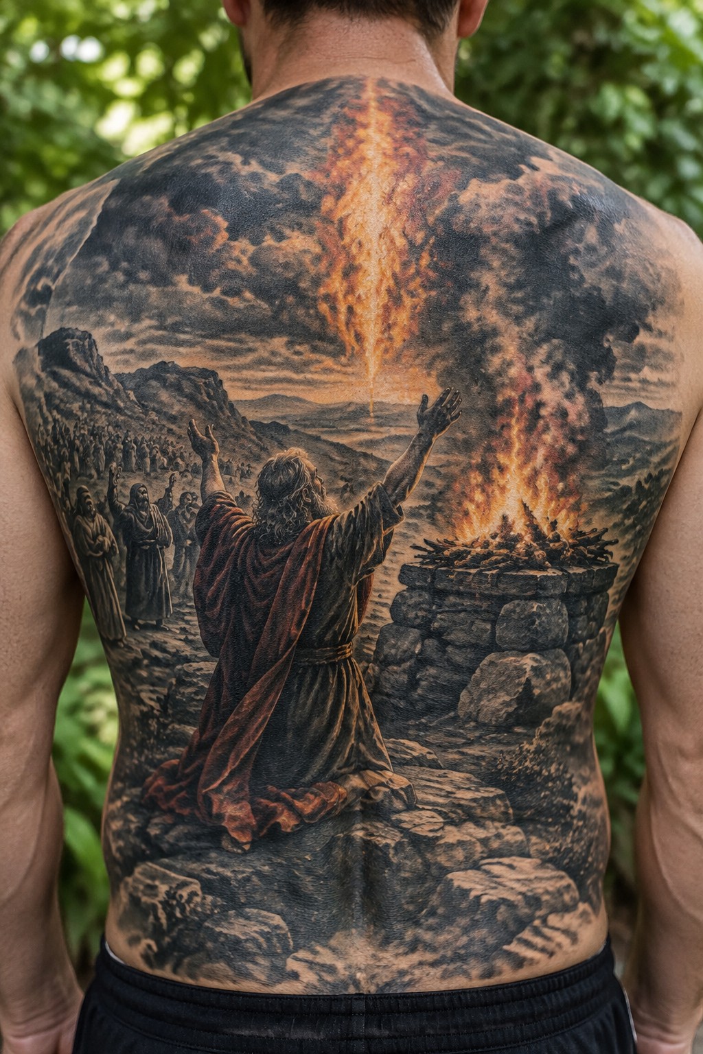 Man's back tattoo of robed prophet kneeling before fiery stone altar with crowd