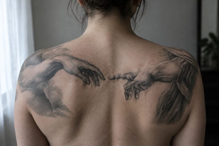 23 Biblical Back Tattoos Depicting Large-Scale Scenes From the Bible Bare back with black-and-gray tattoo of two hands nearly touching amid clouds