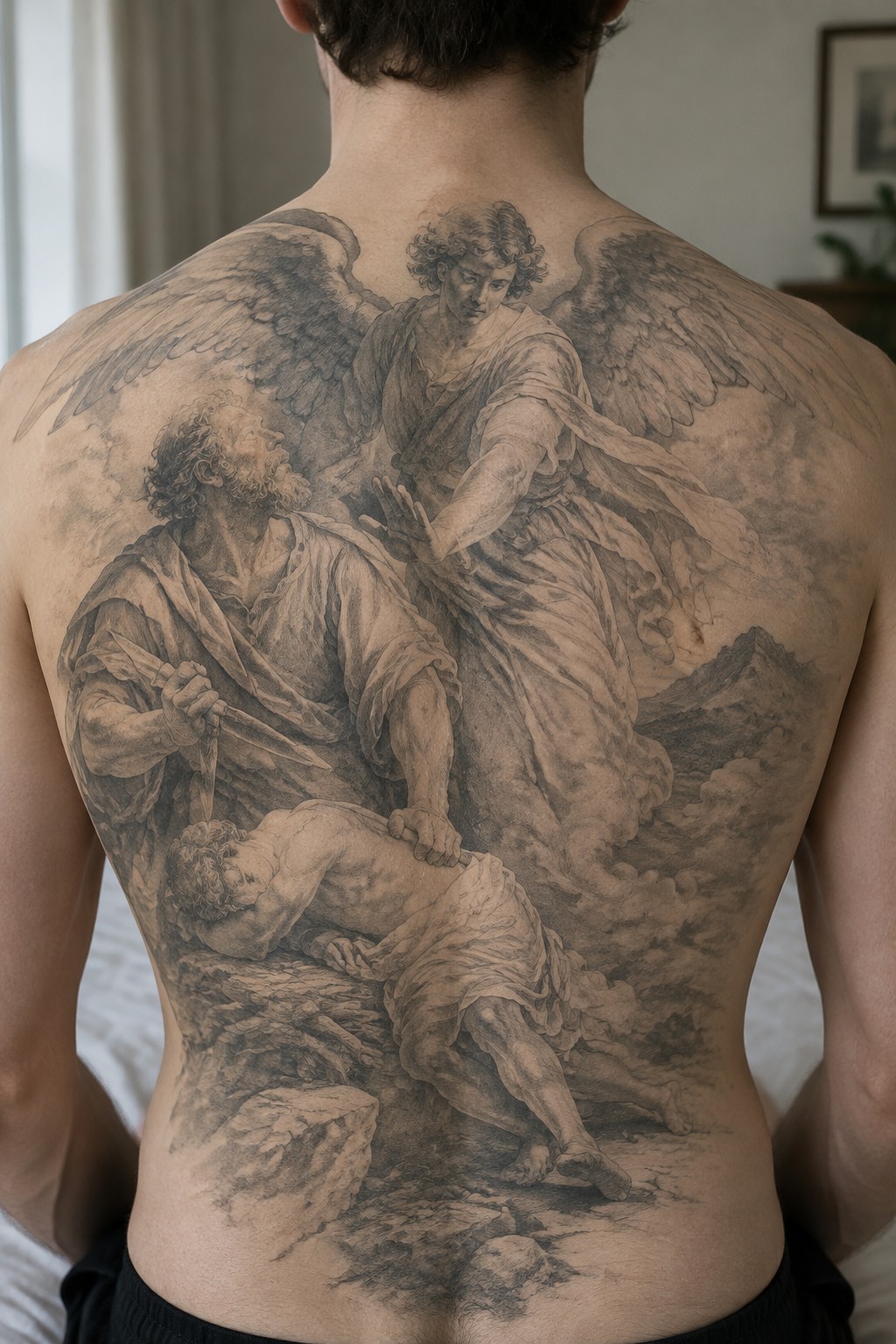 Black-and-gray tattoo on man's back showing angel stopping Abraham's sacrifice of Isaac.
