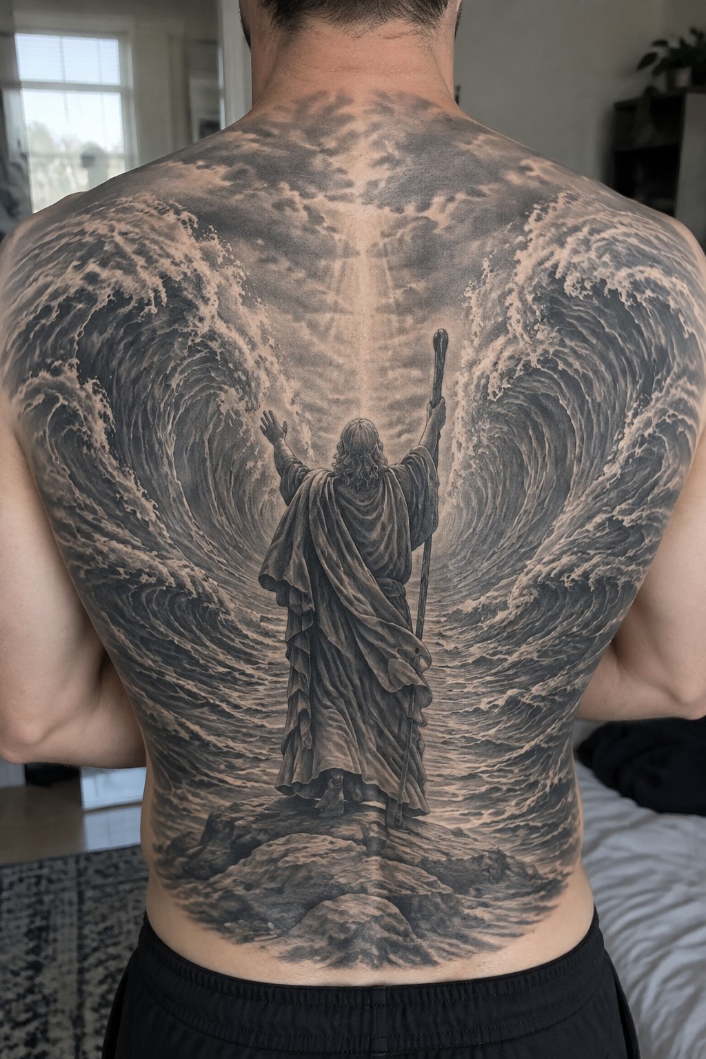 Large black-and-gray tattoo of robed figure with staff amid stormy waves on back