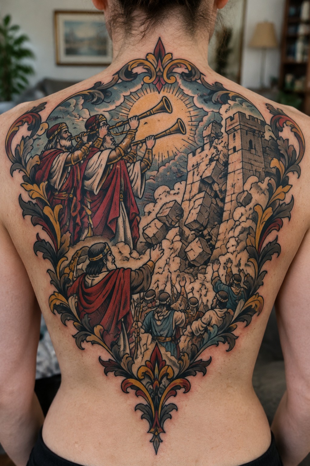 Ornate tattoo of robed trumpeters toppling stone walls, vibrant colors and filigree borders