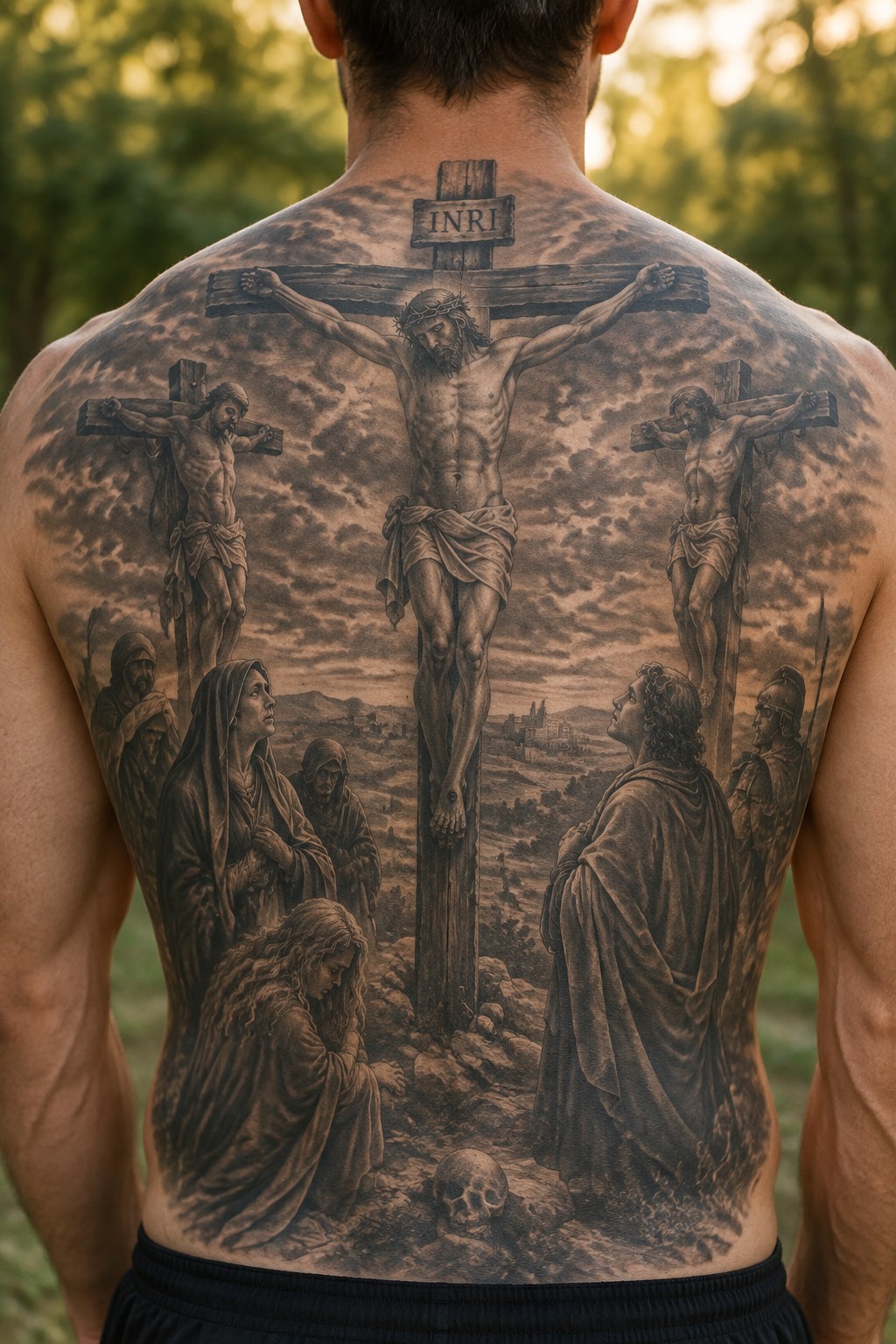 Realistic black and gray tattoo across a man's entire back depicting the crucifixion with Jesus on the central cross, two thieves on side crosses, biblical figures at the base, and the INRI sign above.