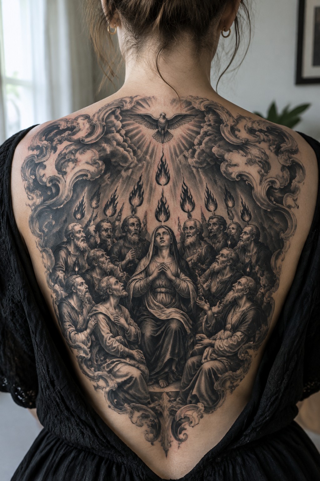 Large black and grey back tattoo of the pentecost scene with the virgin mary in the center, apostles surrounding her, a dove above, and descending flames in a realistic style.