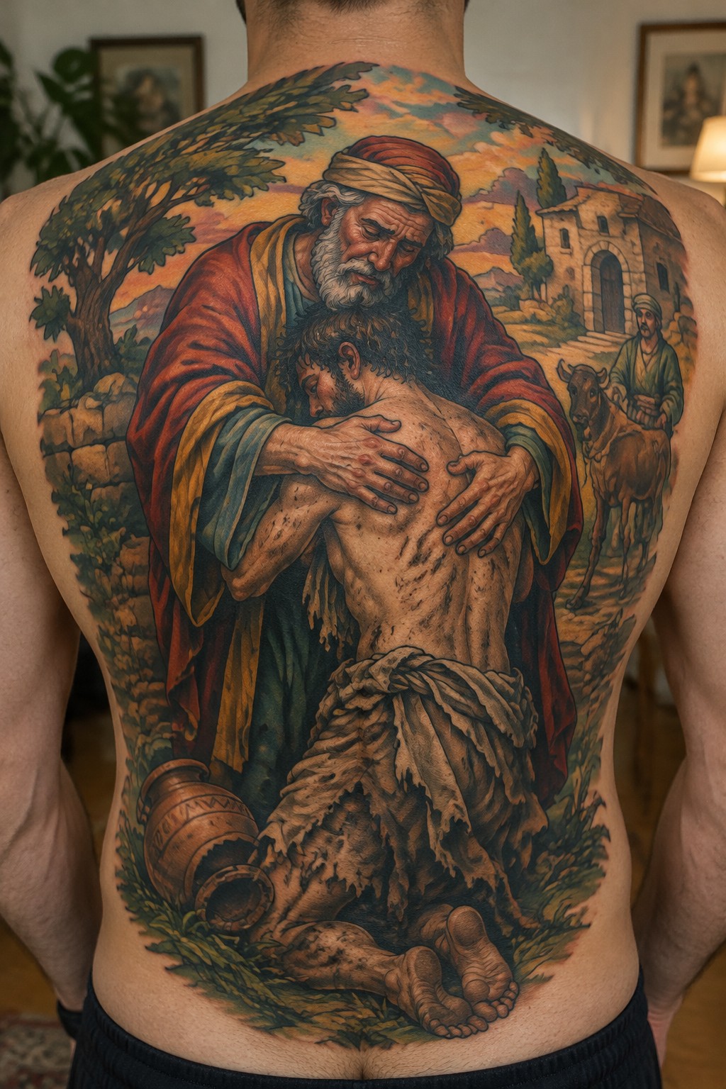 Large back tattoo showing the prodigal son embraced by his father in a biblical landscape with a tree, building, and a man leading a cow.