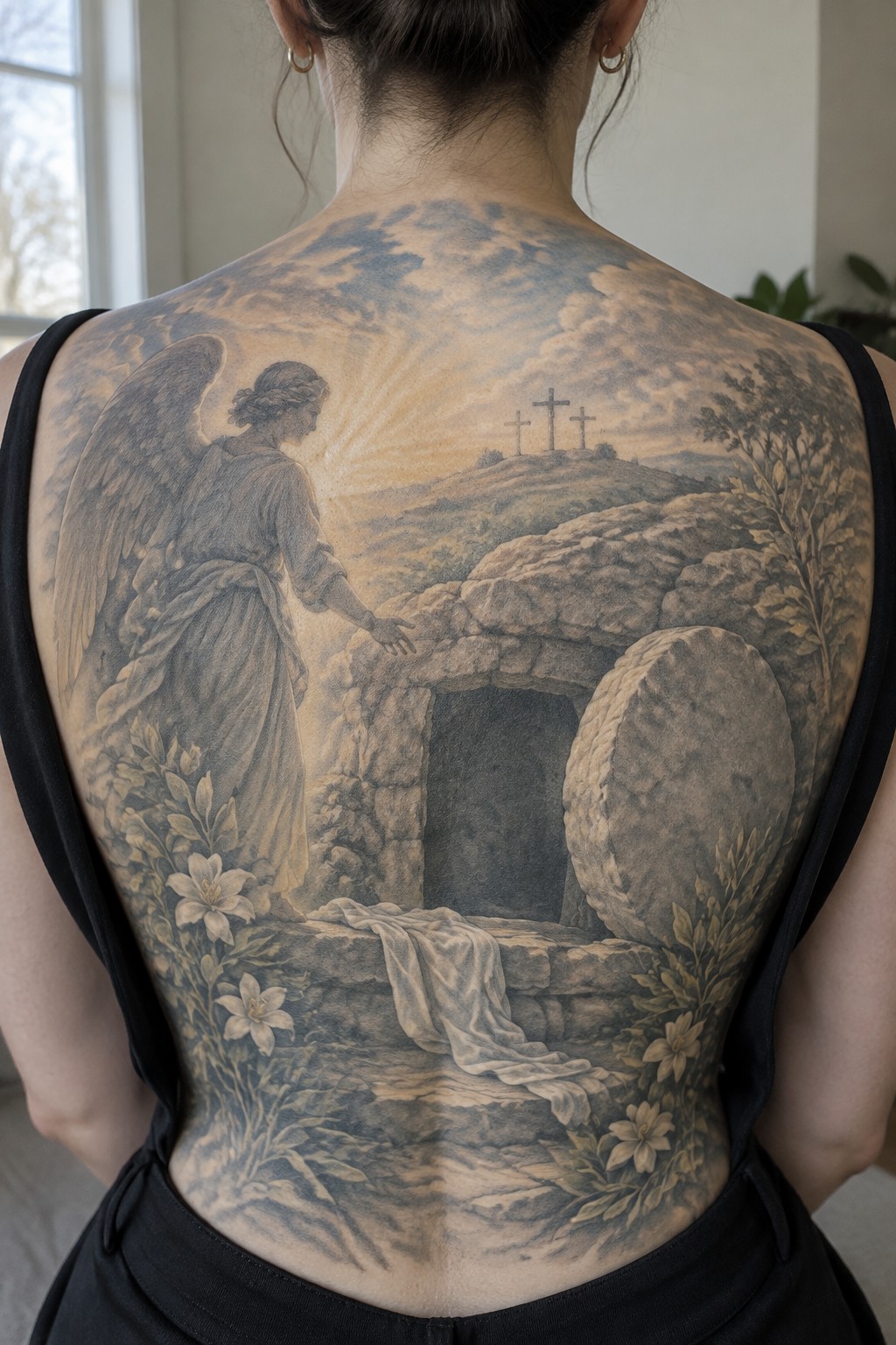 Detailed grayscale tattoo on woman's back showing angel at empty tomb with three crosses
