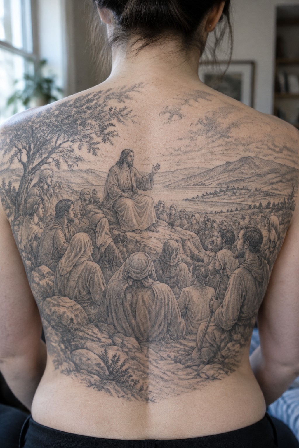 Detailed black-and-gray tattoo on back depicting Jesus teaching robed crowd in landscape