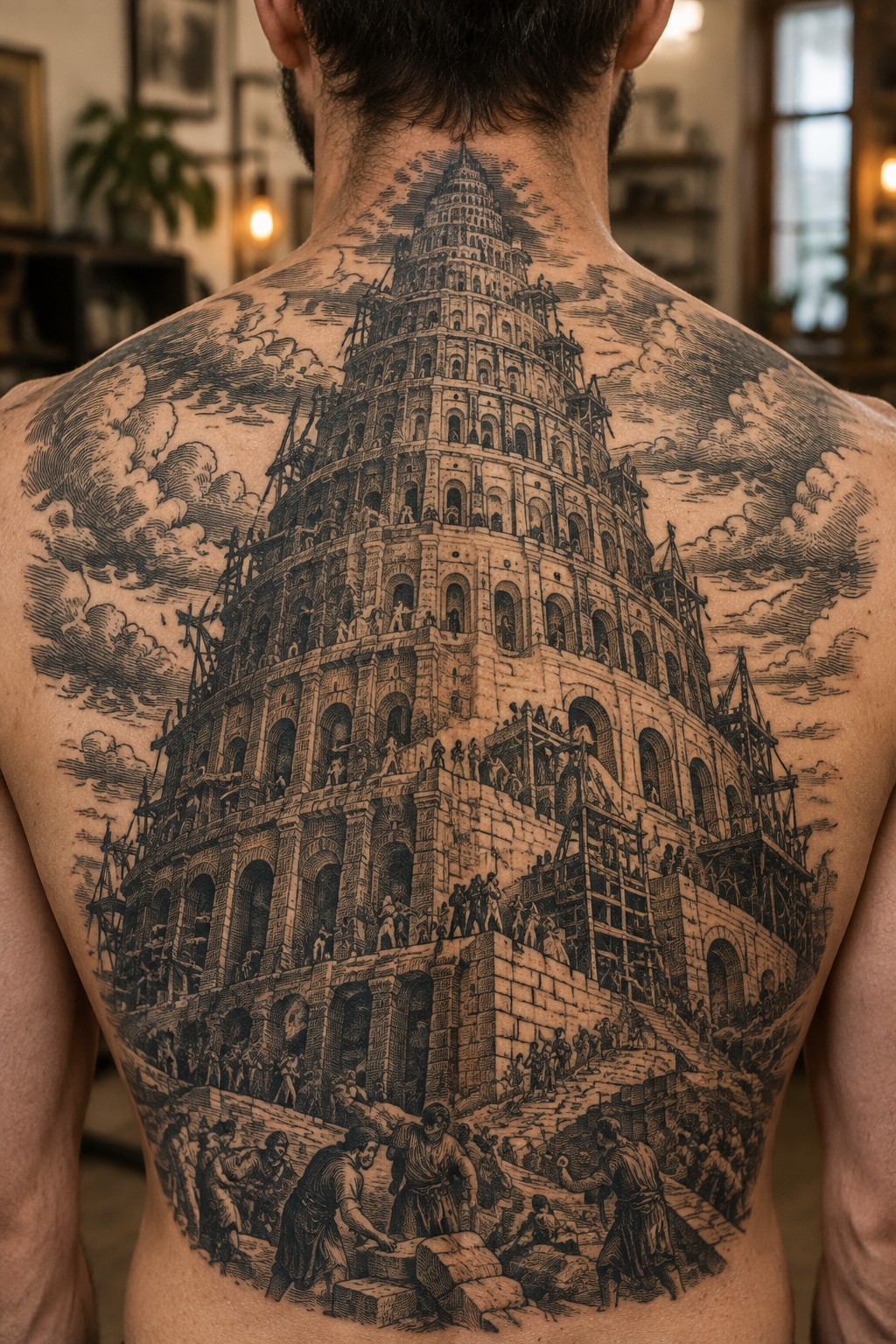 Detailed black-and-white tattoo of the Tower of Babel under construction on a man's back.