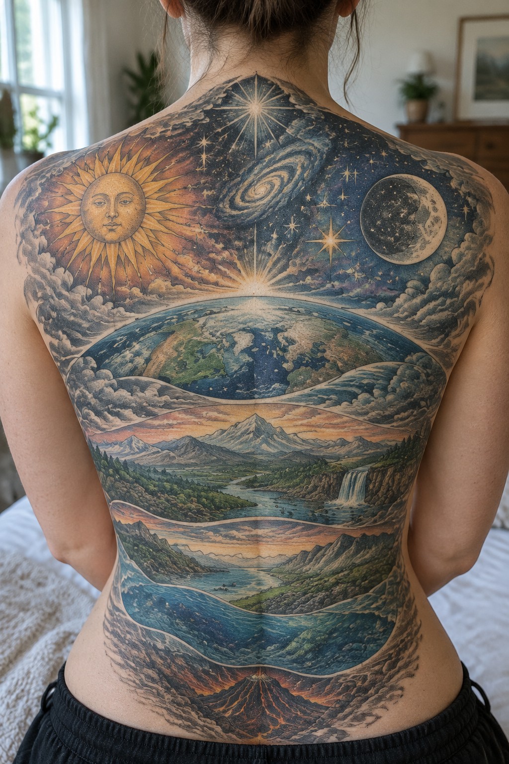Person's back with colorful tattoo of sun, moon, Earth, mountains, river and volcano.