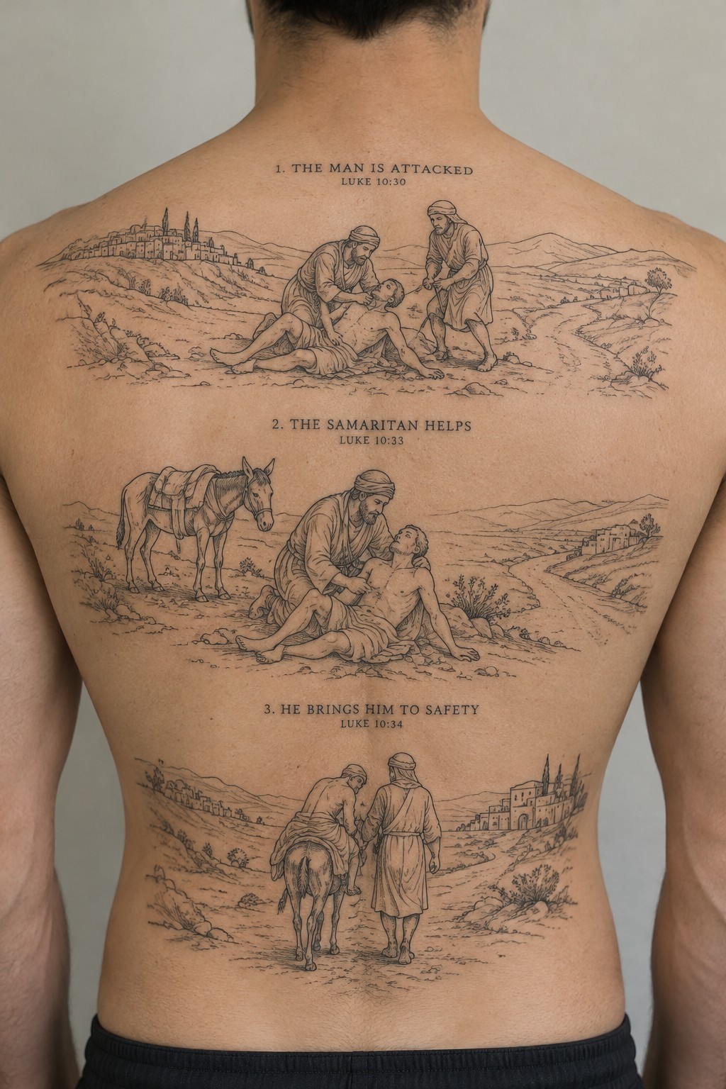 Large black and white line drawing tattoo on a person's back depicting the Good Samaritan parable in three labeled panels with scenes from Luke 10.