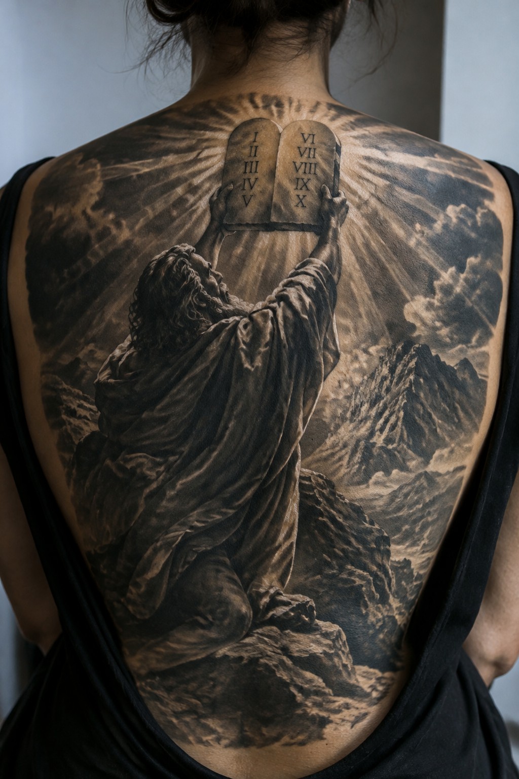 Black and gray back tattoo of Moses holding Ten Commandments amid mountains and divine rays