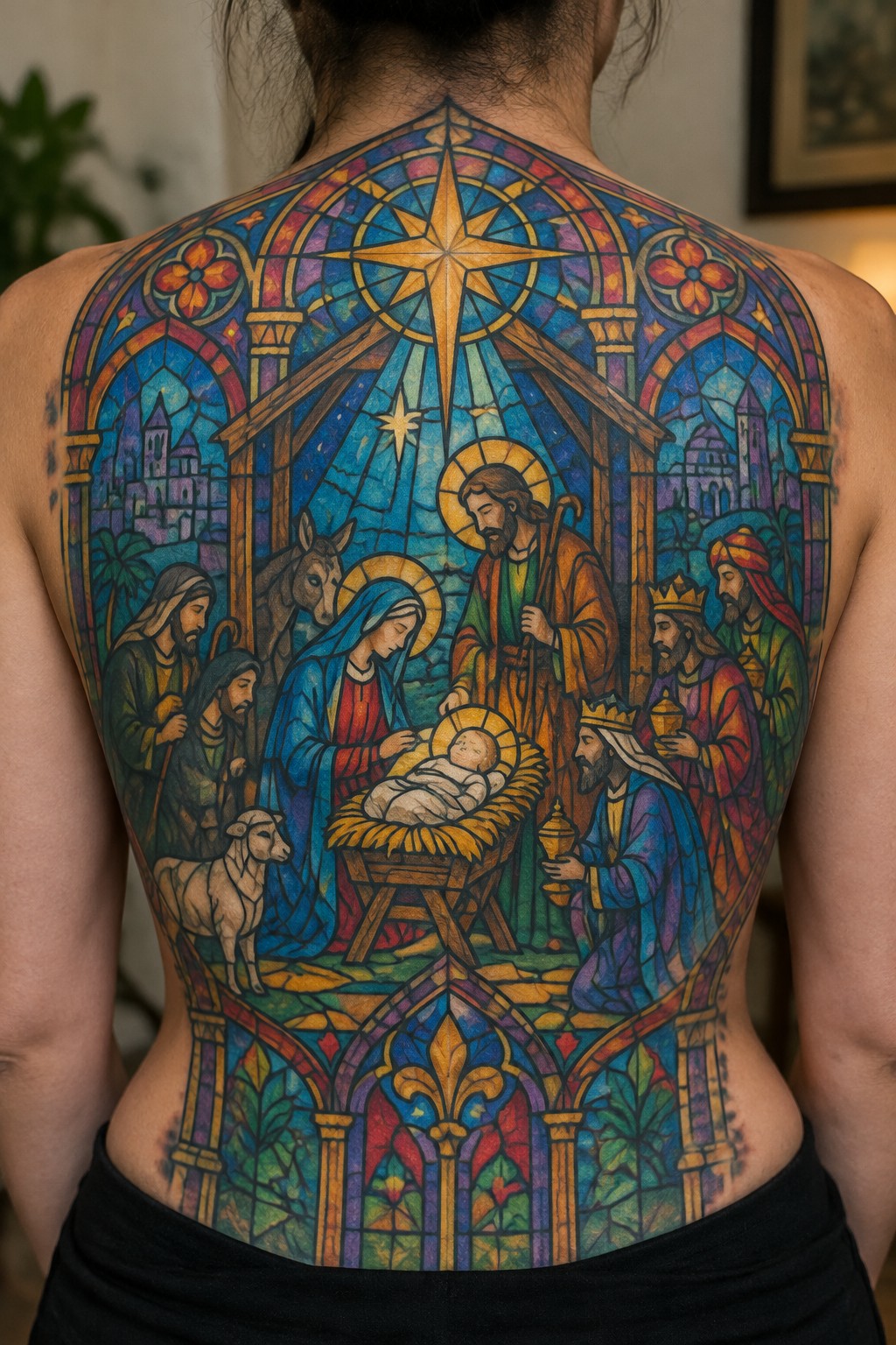 Colorful stained-glass style nativity scene tattoo covering entire back with star and figures.