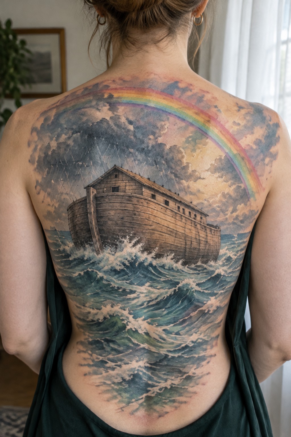 Person's back with watercolor Noah's Ark tattoo on stormy waves beneath vibrant rainbow