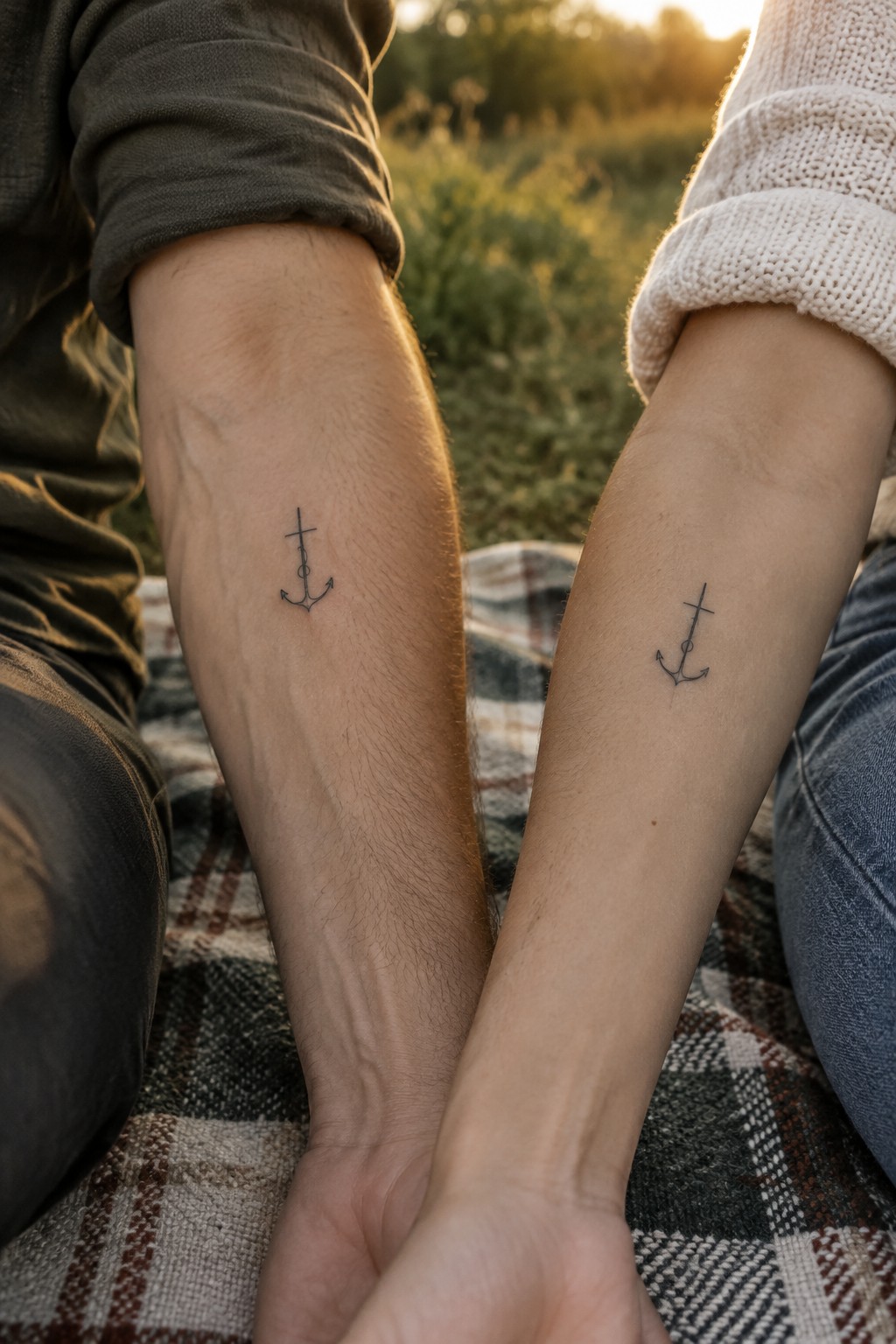 Matching small anchor tattoos on the inner forearms of a couple sitting outdoors