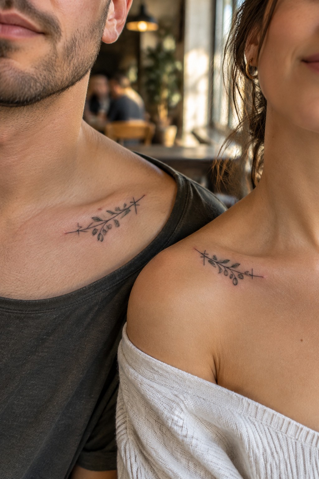 Man in gray t-shirt and woman in white top with matching shoulder tattoos.
