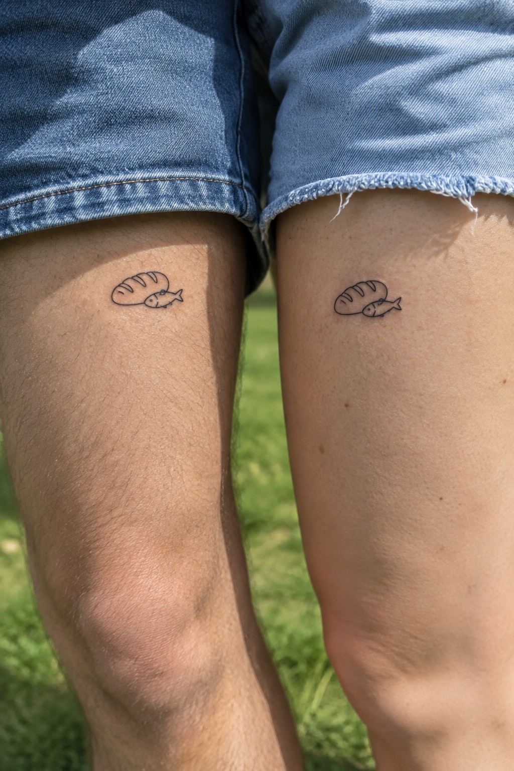 Matching bread and fish line tattoos on the thighs of two people in denim shorts