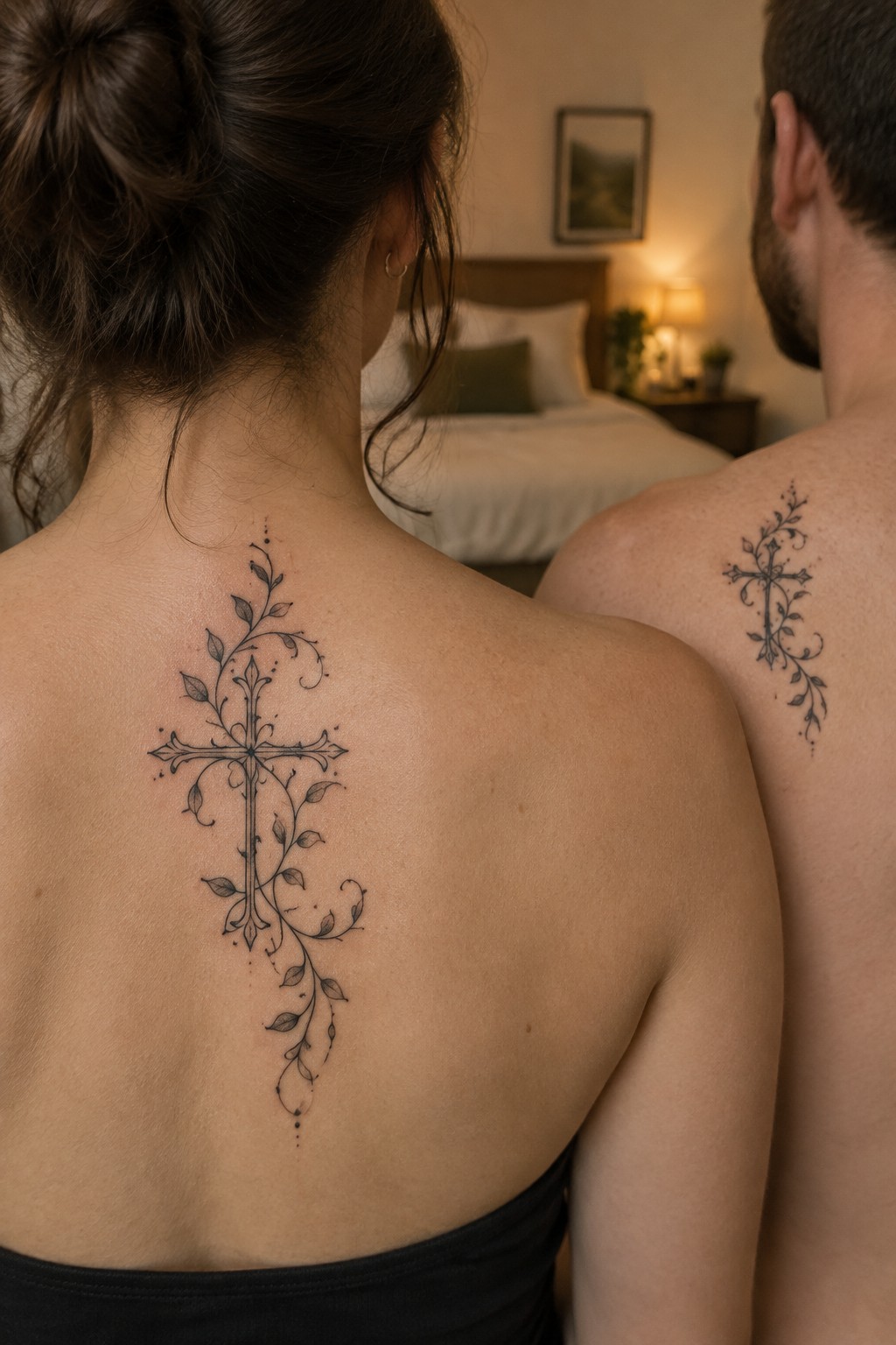 A woman with a large cross and vine tattoo centered on her upper back next to a man with a smaller matching cross and vine tattoo on his shoulder, both in black line art.