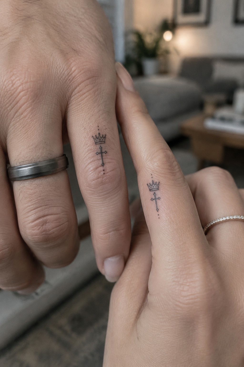 Close-up of matching small tattoos showing a crown above a cross on two fingers from a couple's hands