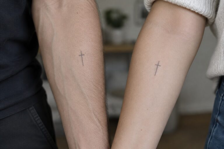 Two forearms with matching small black cross tattoos, dark and light sleeves visible.