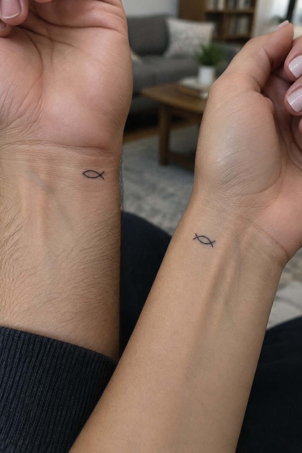 Matching fish tattoos on a man's hairy wrist and woman's manicured hand