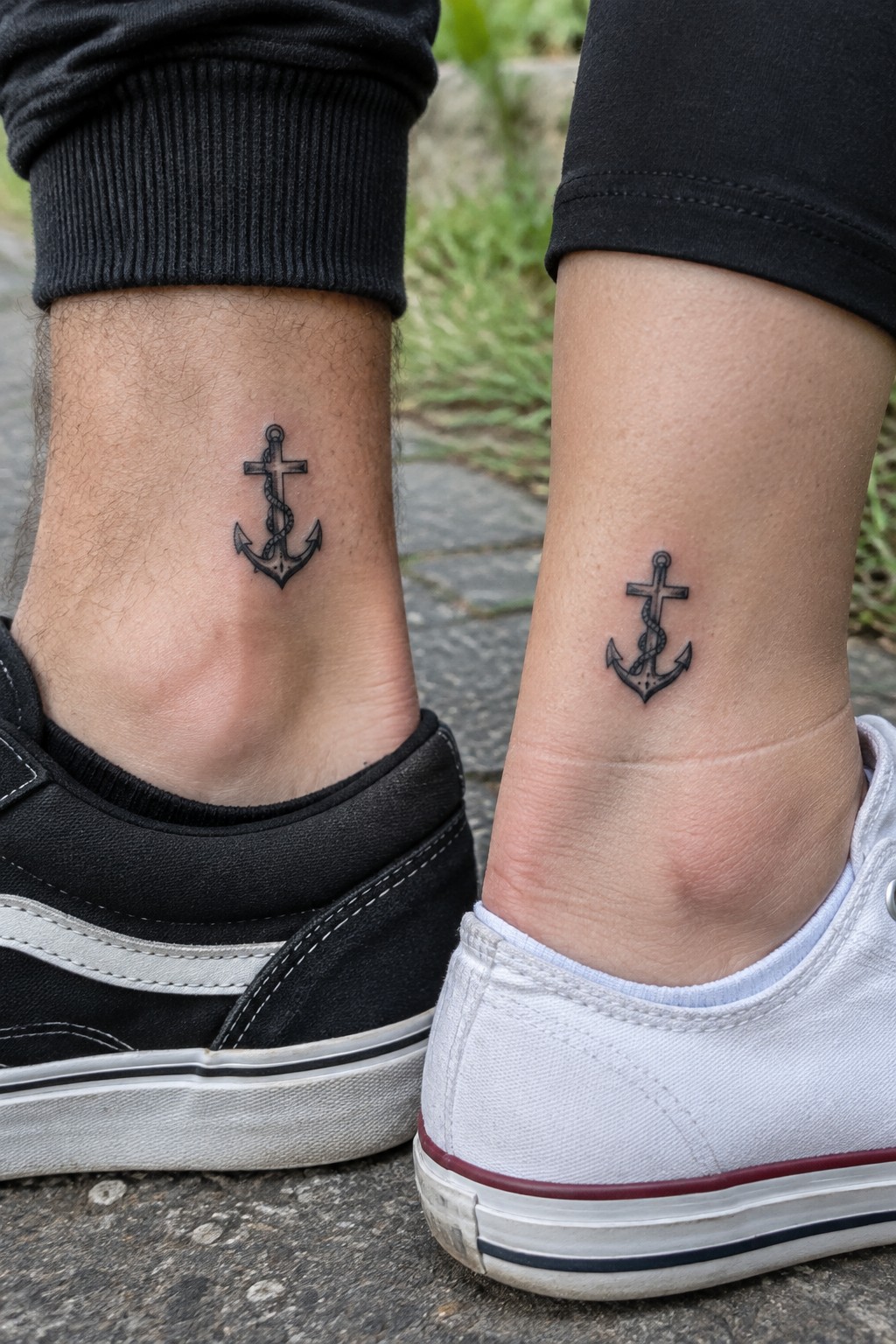 Matching anchor tattoos on ankles above black and white sneakers on pavement