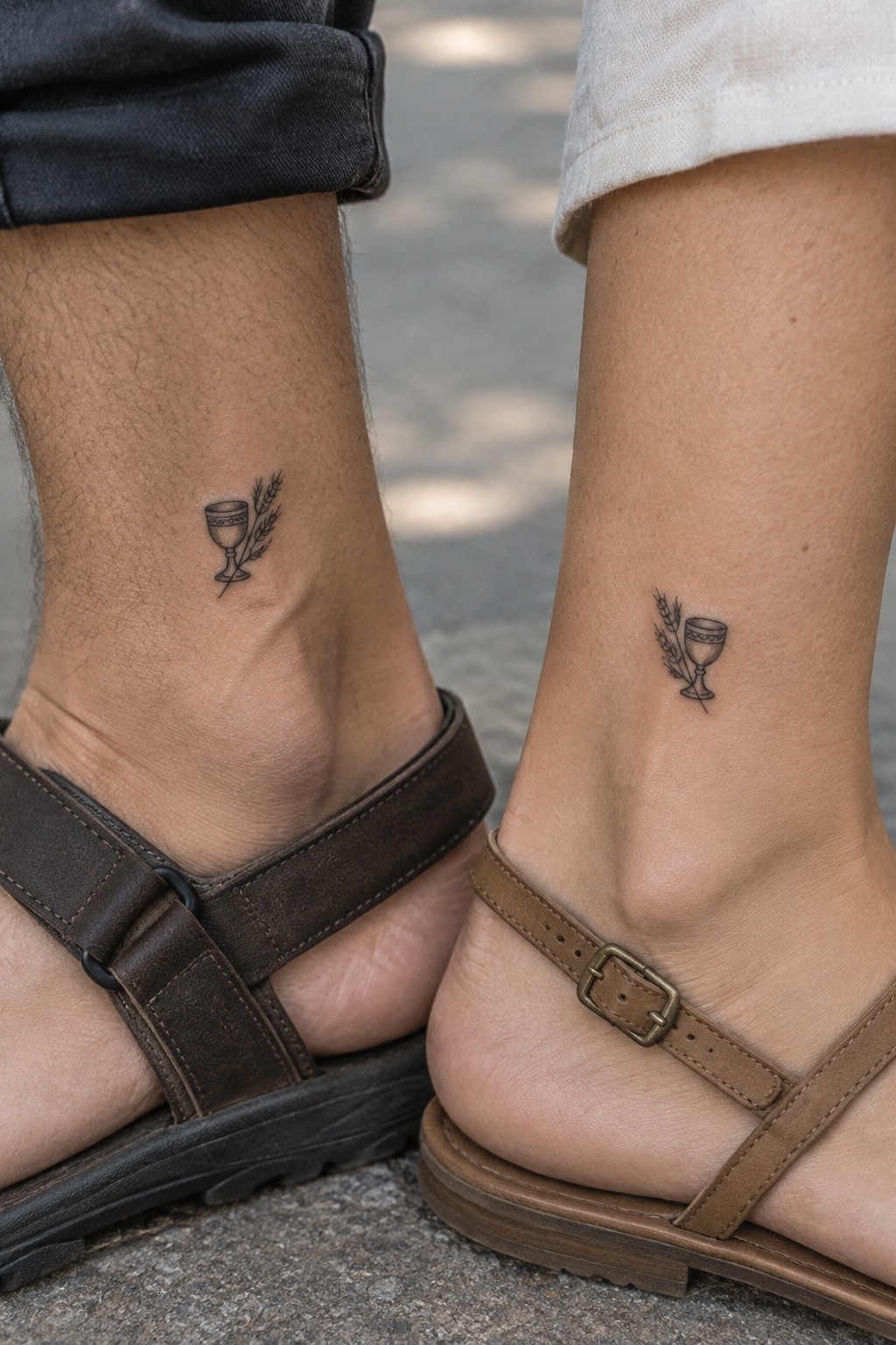 Matching chalice and wheat tattoos on two ankles in brown sandals and pants