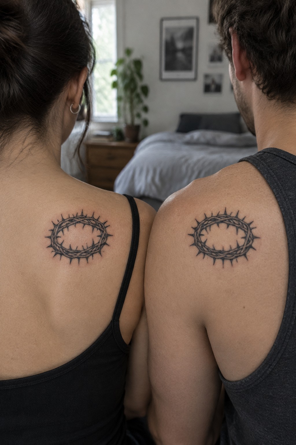 Couple with matching crown of thorns tattoos on shoulders in bedroom setting