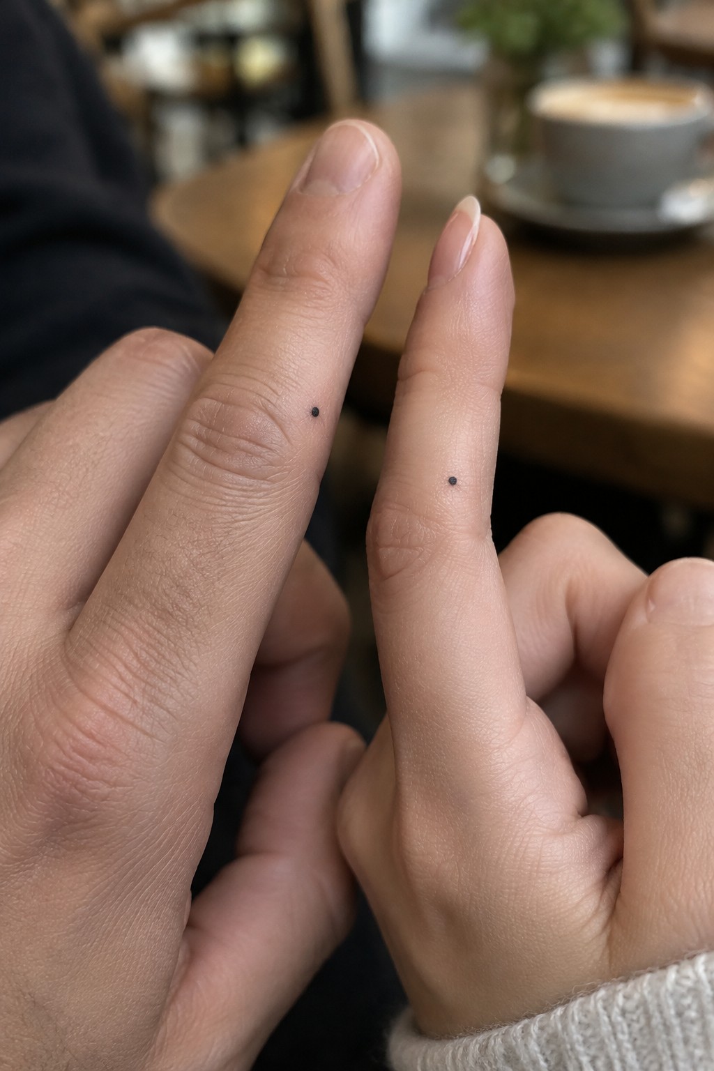 Two hands with matching tiny black dot tattoos on fingers in a cafe setting