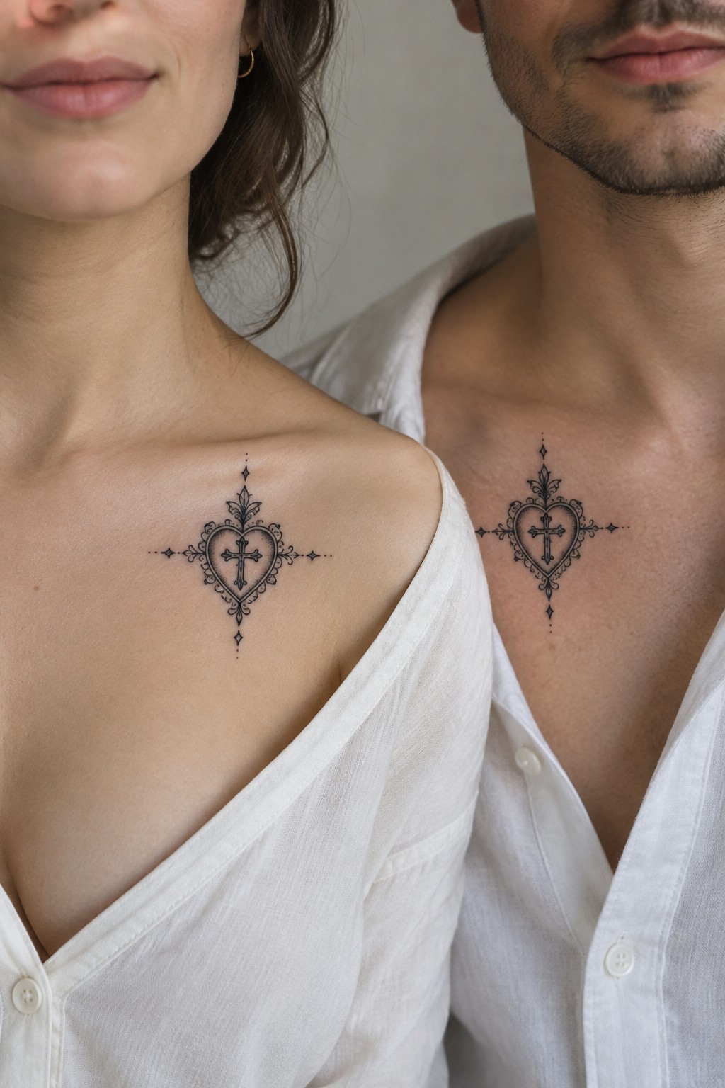 Close-up of matching black ink heart tattoos with crosses on a couple's upper chests, one on a woman and one on a man, both in ornate frames.