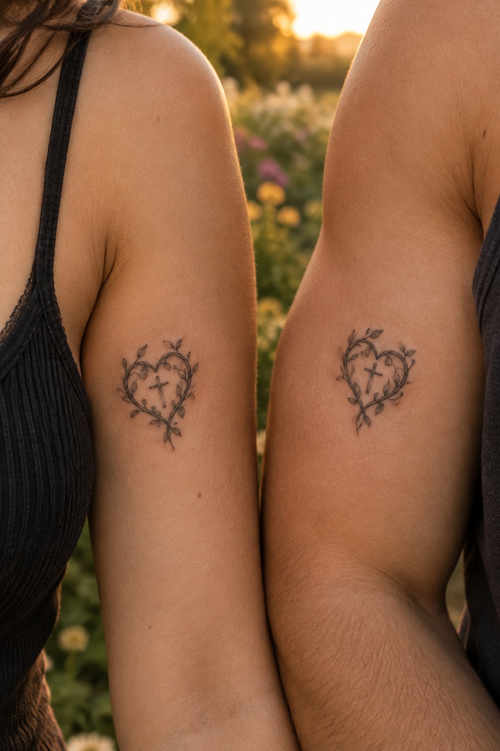 Two matching vine heart-and-cross tattoos on upper arms in a flower field