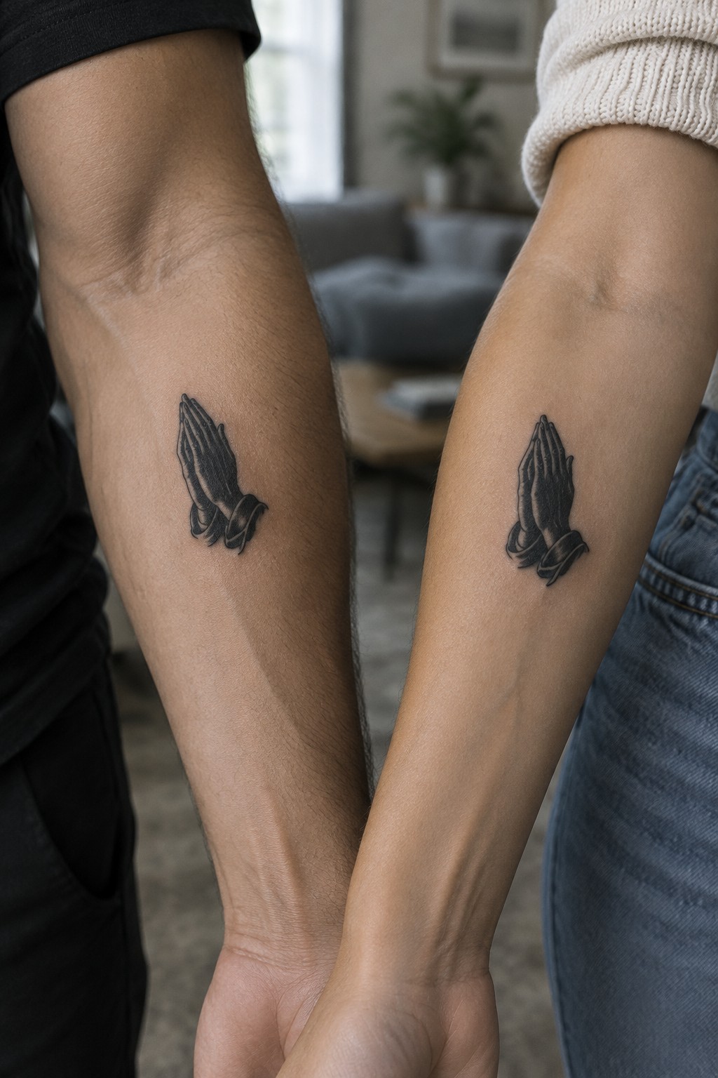 Close up of matching black praying hands tattoos on the inner forearms of a couple holding hands