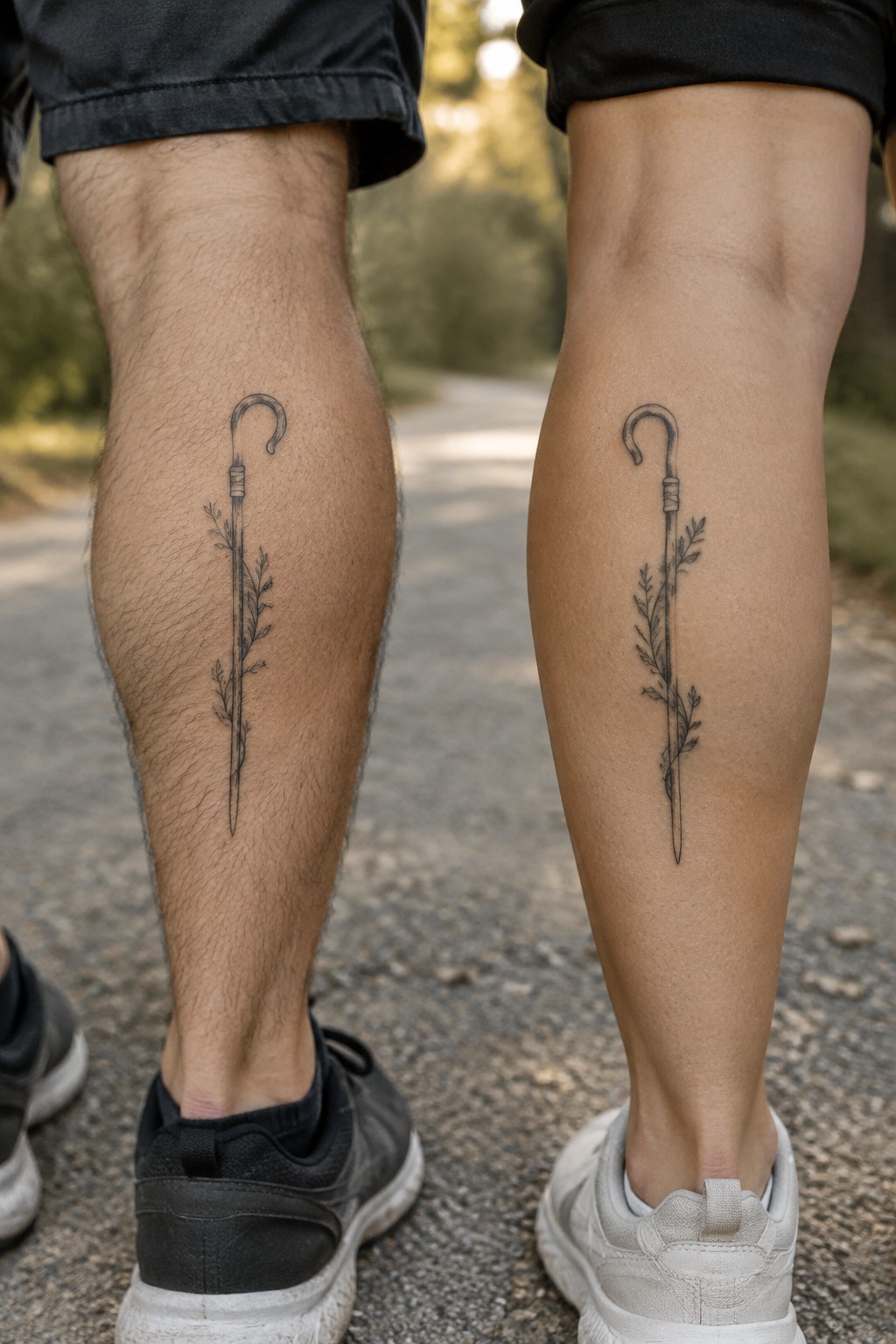 Two legs in shorts with matching sword and leaf tattoos on a path