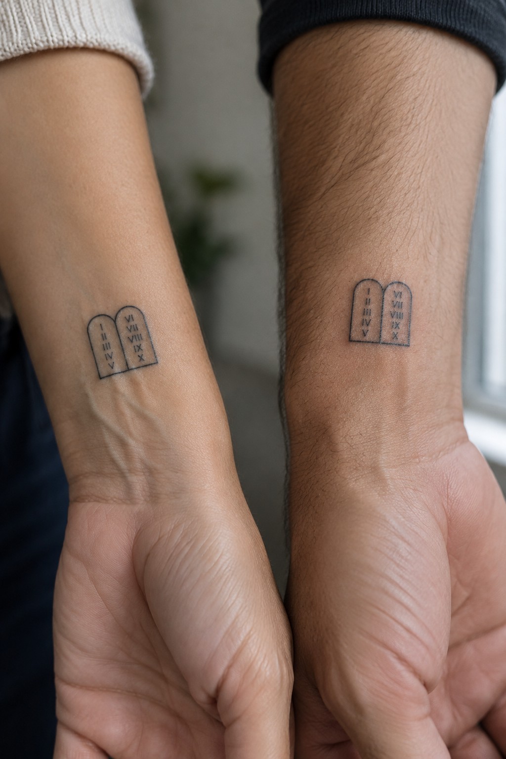 Close view of matching Ten Commandments tablet tattoos on two inner forearms held together, one on lighter skin and one on darker skin.