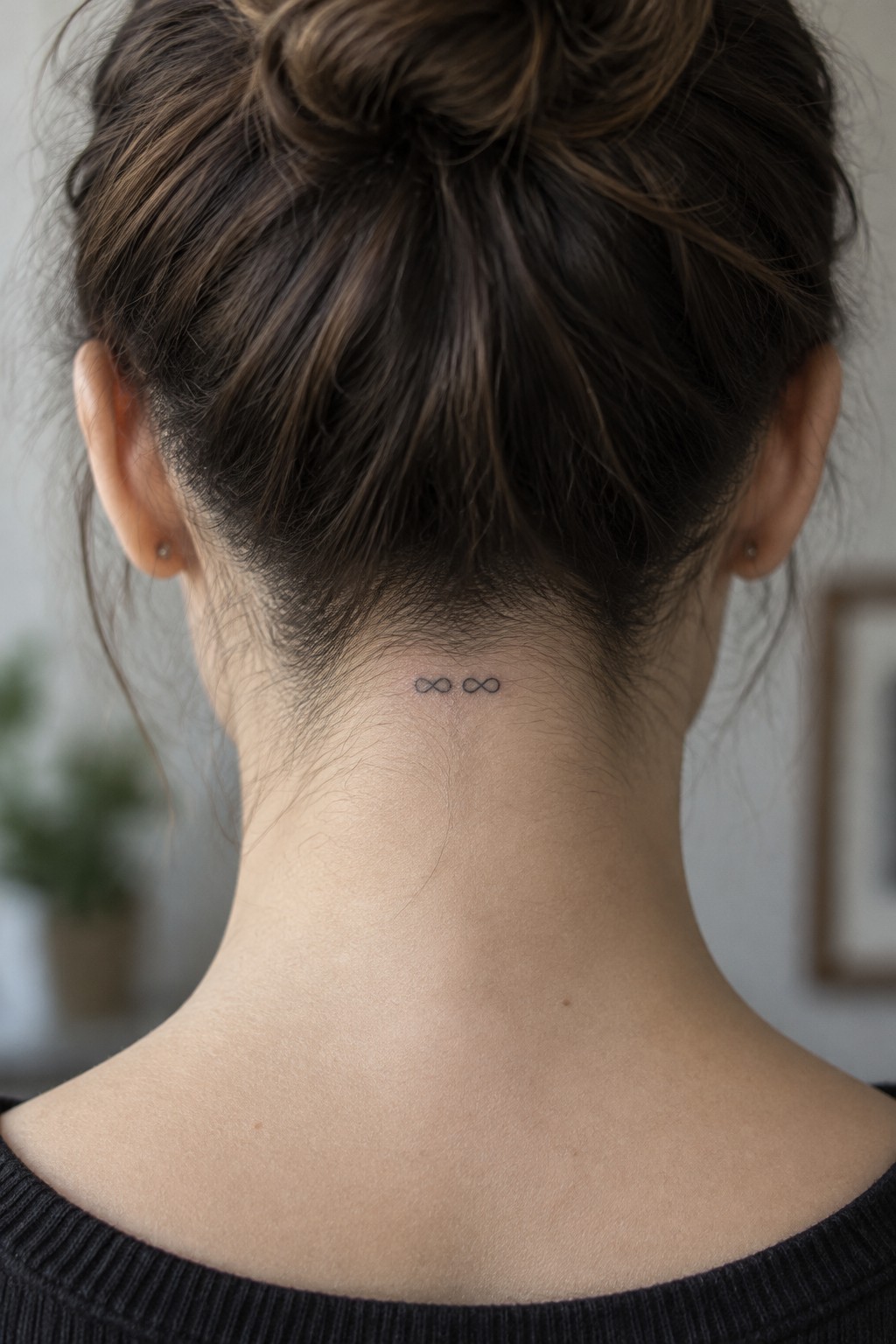 Two small black infinity symbol tattoos side by side at the nape of a woman’s neck.