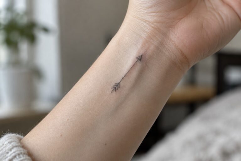 Fine-line black arrow tattoo on the inner wrist, with a narrow shaft and small feather details.