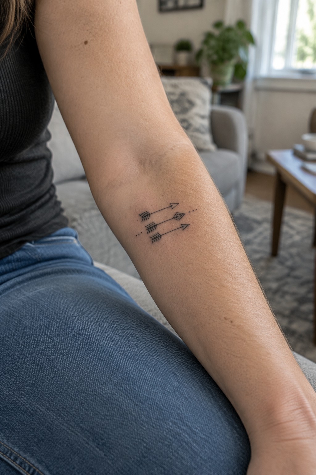 Three small fine-line arrows with geometric details and dot accents tattooed on the inner forearm.