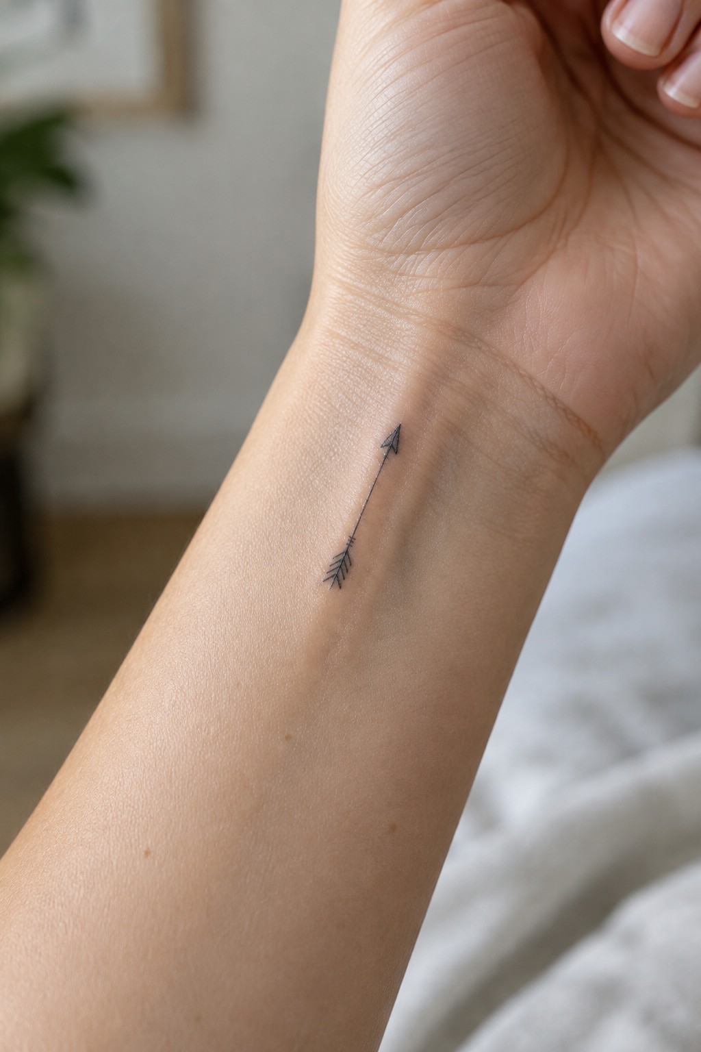 Fine-line black arrow tattoo on the inner wrist, with a narrow shaft and small feather details.