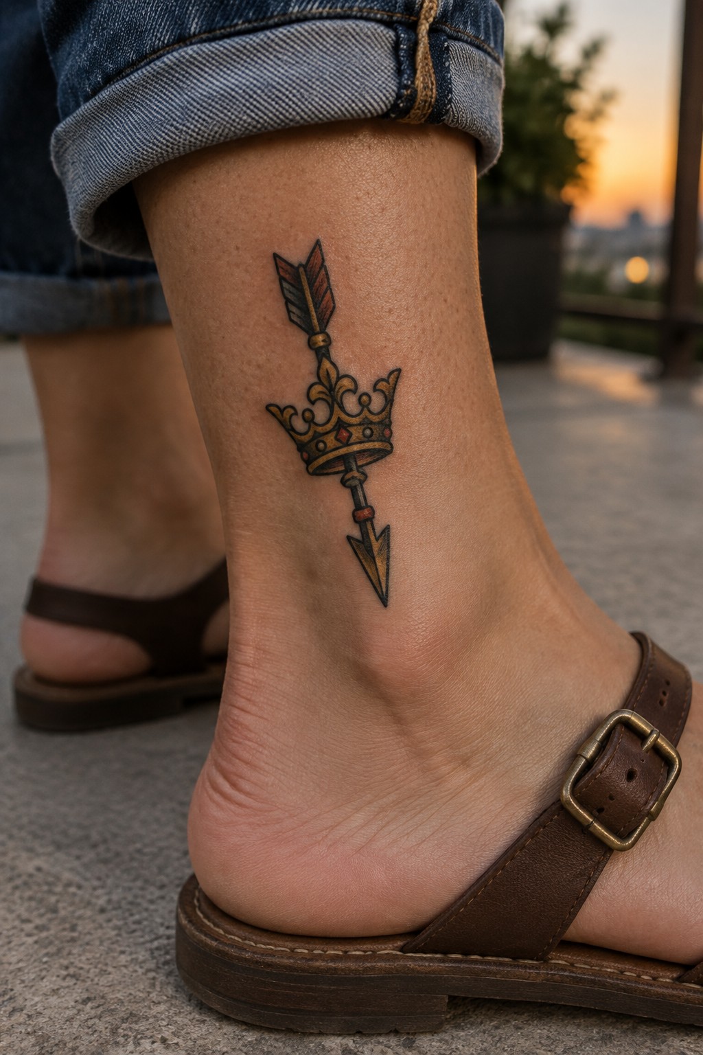 Small crown between two feathered arrow sections tattooed vertically on the outer ankle above a brown sandal.