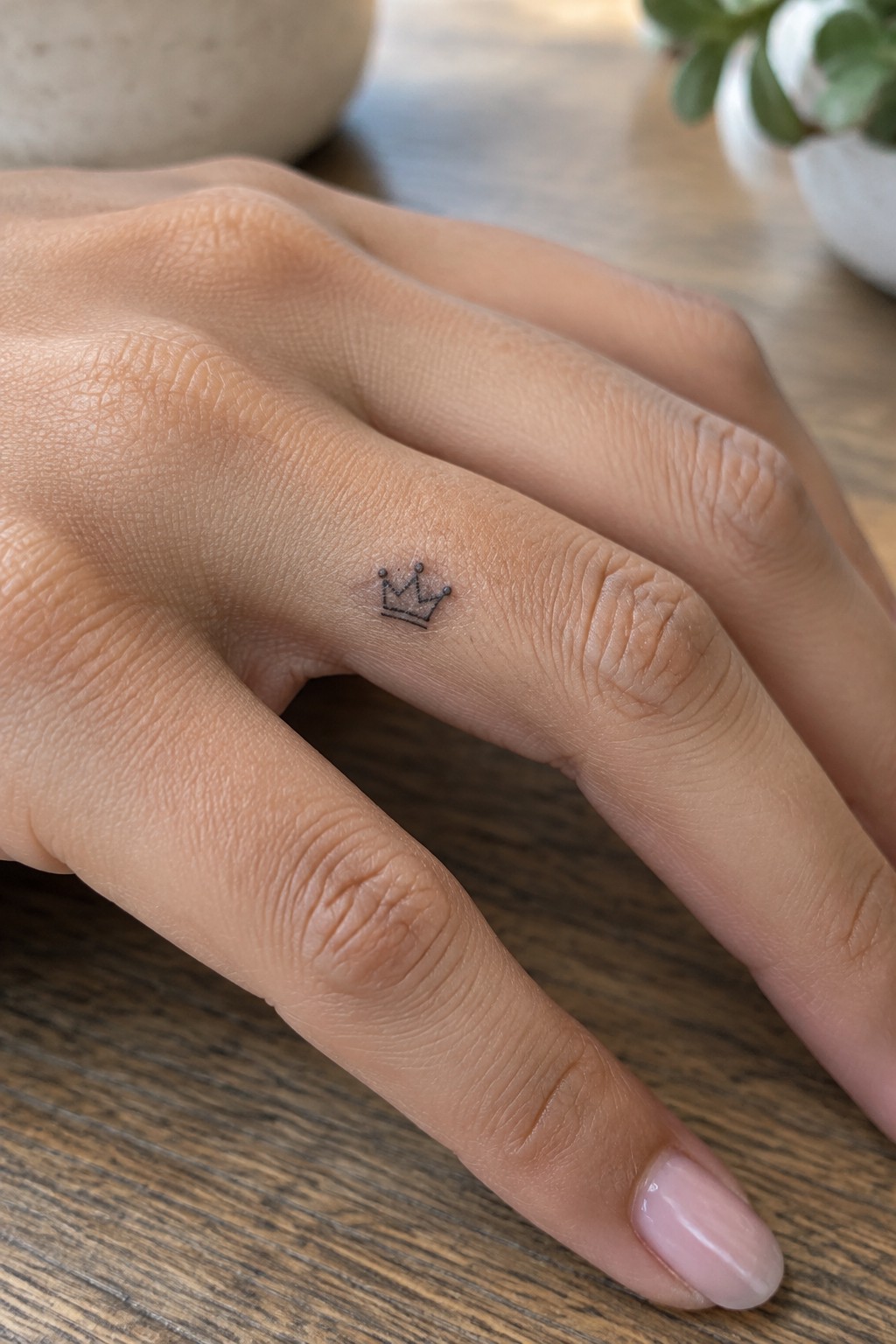 Small black outline crown tattoo with dotted tips on the side of a finger.