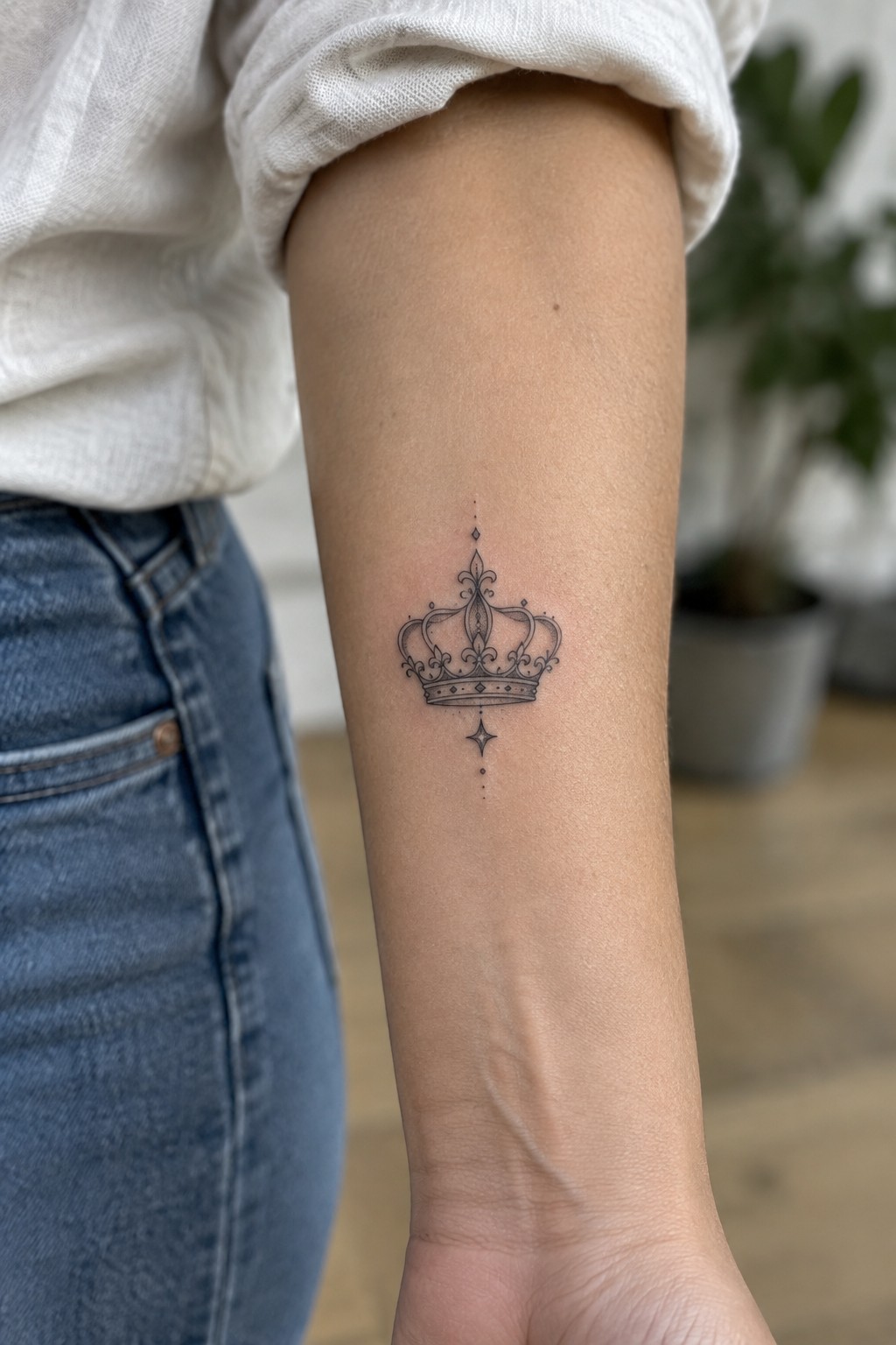 Small black fine-line crown tattoo with a star and dot accents on the outer upper arm.