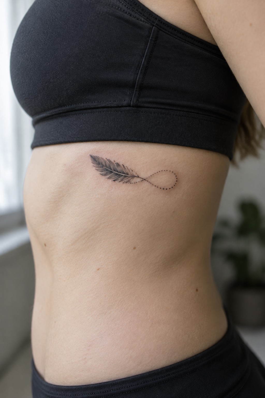 Small shaded feather connected to a dotted infinity symbol tattooed on the side of the rib cage.